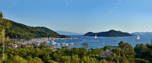 Panoramic view of bay and city of Gocek - Fethiye, Turkey with marina and yachts. photo