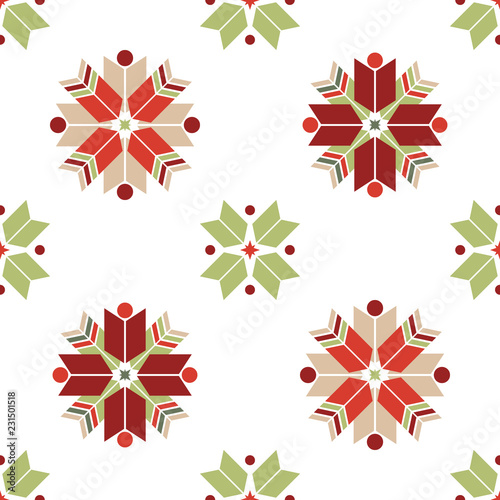 Vector seamless pattern of geometric snowflakes. Nordic pattern in Christmas traditional colors.