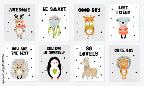 Vector poster collection with cartoon cute animal and funny slogan in scandinavian style for kids © Alexandra