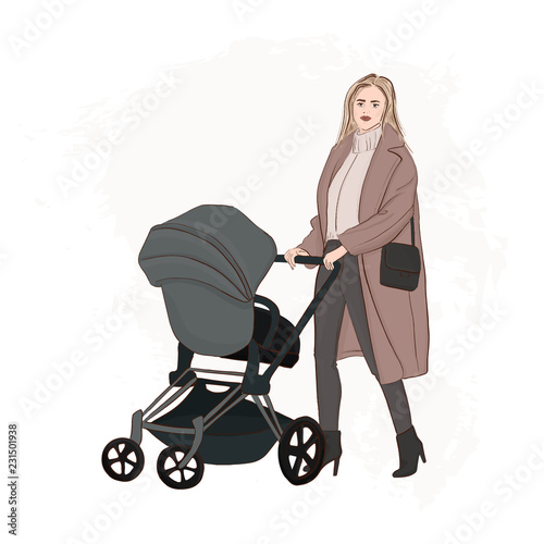 Mother with baby carriage walking on the street hand drawn illustration.  Girl pushing a stroller fashion sketch. Mother strolling with newborn runaway print. Active mama with baby outside.