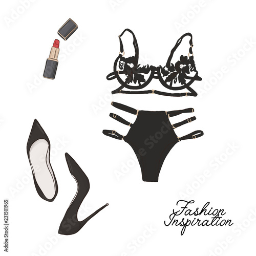 Bra and panties set, high heels, red lipstick illustration. Magazine hand drawn sketch. Clothes fashion sketch. Lace lingery underwear graphic poster. Sexy glamour intimates.