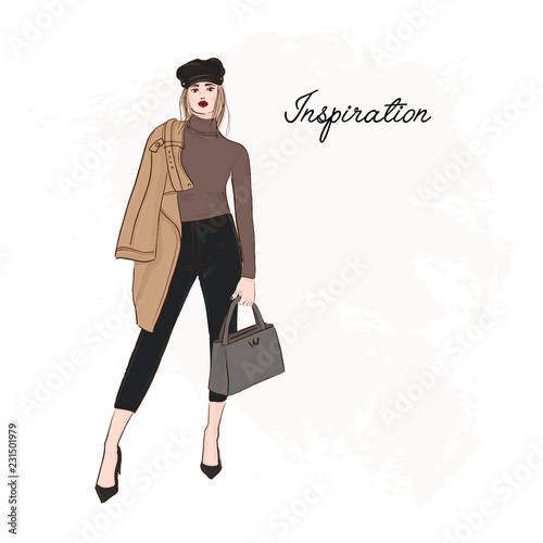 Girl in trendy cap, coat, pants and sweater sketch. Business model runaway poster. Hand drawn girl in glamour street clothes. Fashion illustration