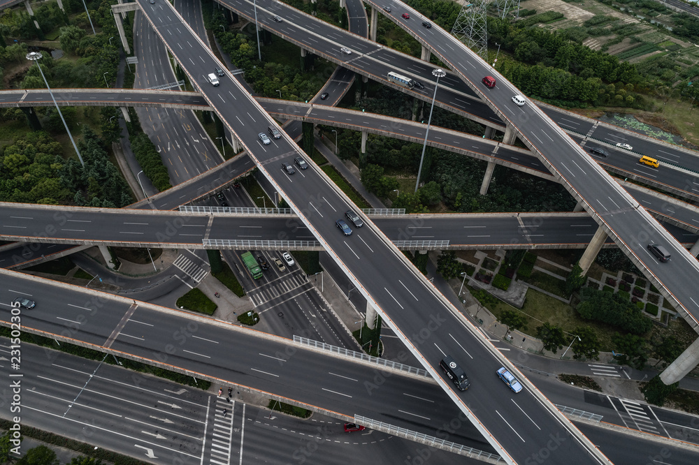 Aerial view of highway and overpass