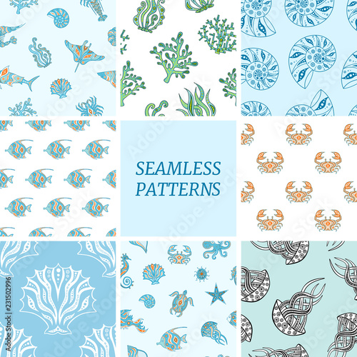 Set of seamless patterns with sea animals. Backgrounds with underwater world. Vector illustration.