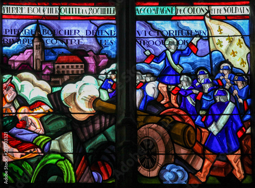 Stained Glass of Pierre Boucher and the French fighting the Iroquois in Quebec, Canada