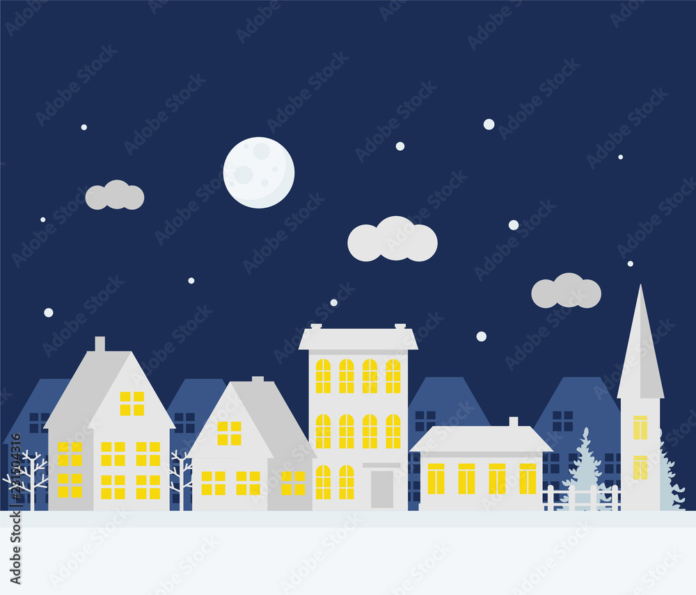 Fototapeta premium Merry Christmas and Happy New Year. A small winter city. Paper art in digital style. Vector illustration.
