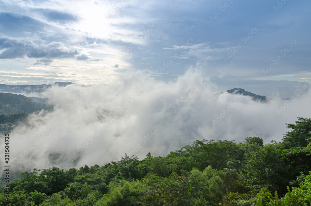 Landscape with sea of foggy awakening in a beautiful hills at Thailand.