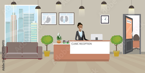 Modern medical clinic reception interior with furniture.
