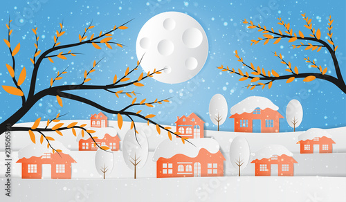 Landscape of village in winter snow forest. Vector illustration