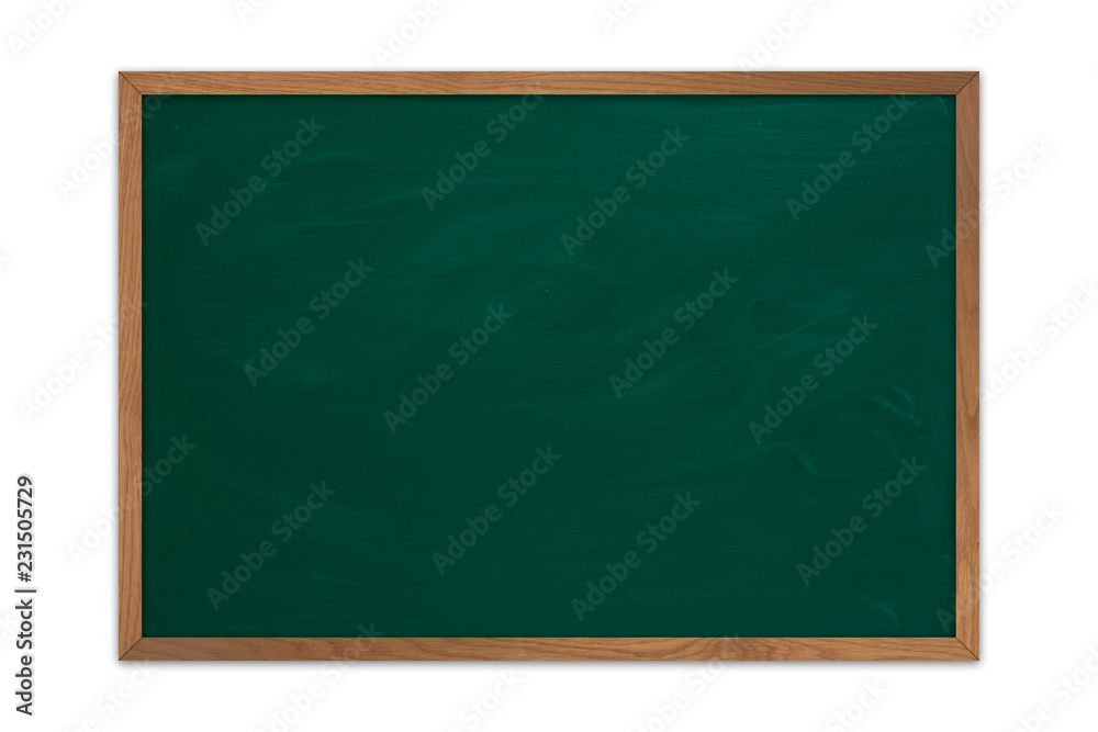 Green chalkboard with wooden frame on isolated white background composition Green chalkboard with wooden frame on isolated white background composition