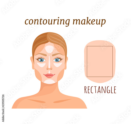 Contouring tutorial for rectangle face. Makeup applying rules. Vector template. Darkening and lightening of the face.