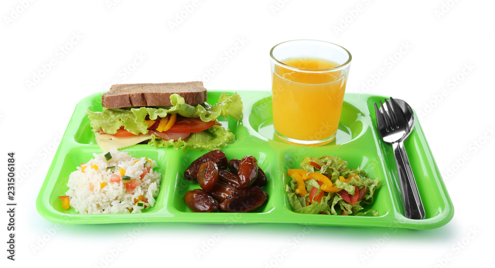 Serving tray with healthy food on white background. School lunch Serving tray with healthy food on white background. School lunch