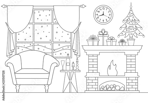 Banner with a linear Christmas interior. Vector greeting card for the new year in the outline style. Vector illustration.
