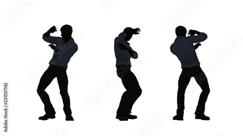 people silhouette - man afraid - 3 diferent views - isolated on white background