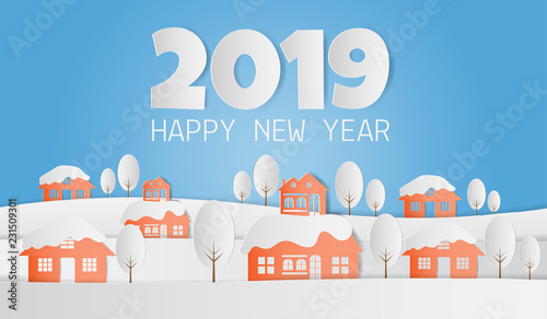 Landscape of village in winter snow forest, 2019 happy new year background. Vector illustration