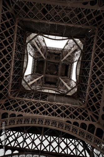 Underneath the Eiffel Tower in Paris, France