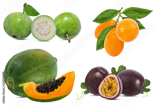 Collection of exotic fresh fruits isolated on white background