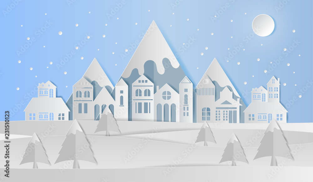 Landscape of village in winter, Paper art style. Vector illustration