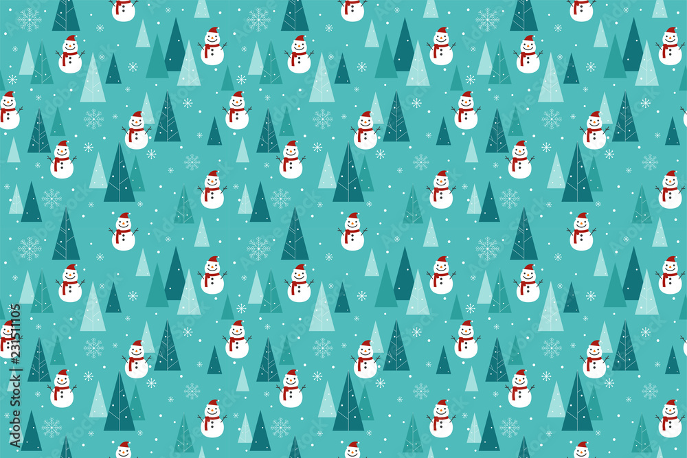 Merry Christmas pattern seamless. Snowman and tree wallpaper. Blue Xmas  background. Endless texture for gift wrap, wallpaper, web banner background,  wrapping paper and Fabric patterns. Stock Vector | Adobe Stock