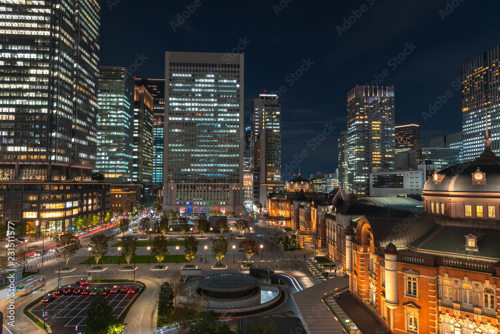 Tokyo station building at twilight time. View of Tokyo station at the Marunouchi business district, Japan.
