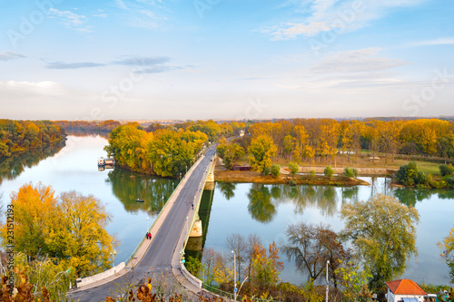 Принти на полотні Rural autumn plain landscape with a bridge at Tokaj, Hungary where rivers Tisza
