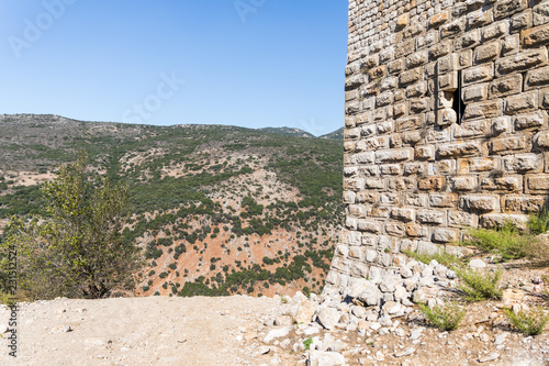 Fragment  of the fortress wall near the secret entrance to Nimrod Fortress located in Upper Galilee in northern Israel on the border with Lebanon. photo