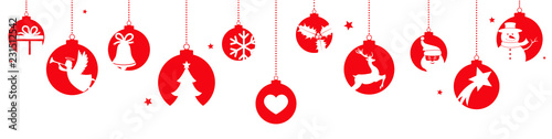 Christmas banner with hanging red balls and decorations