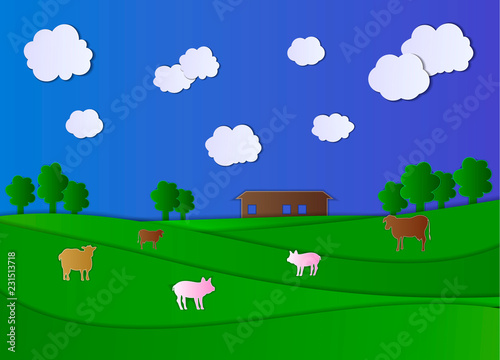 Vector Cartoon Paper Art Style Farm Field, Farm House and Animals, Cloudy Sky.