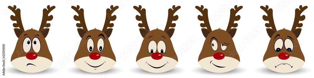 Fototapeta premium Happy New Year and Merry Christmas. Set of fun and emotional Christmas deers for your design. Vector illustration.