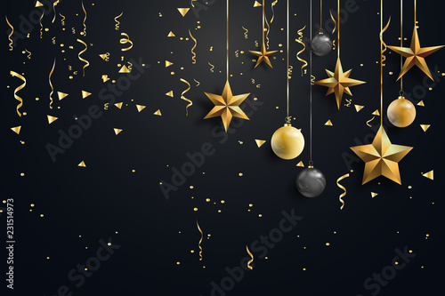 Happy New Year and Merry Christmas. Christmas black background decorated with gold sparkles and stars. Vector illustration.
