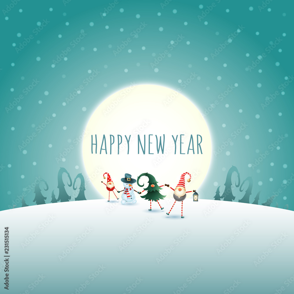 Happy New Year - Christmas scandinavian gnomes and snowman on moonlight winter background