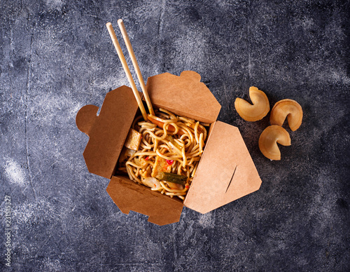 Box with  noodles and fortune cookies