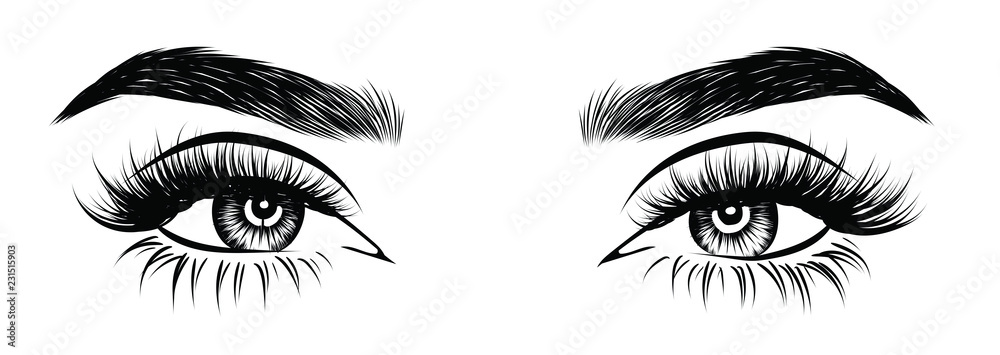 Abstract fashion illustration of the eye with creative makeup. Hand drawn vector idea for business visit cards, templates, web, salon banners,brochures. Natural eyebrows and glam eyelashes Abstract fashion illustration of the eye with creative makeup. Hand drawn vector idea for business visit cards, templates, web, salon banners,brochures. Natural eyebrows and glam eyelashes