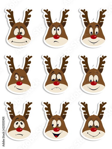 Happy New Year and Merry Christmas. Set of fun and emotional Christmas deers for your design. Vector illustration.