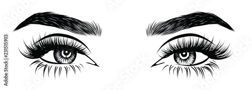 Abstract fashion illustration of the eye with creative makeup. Hand drawn vector idea for business visit cards, templates, web, salon banners,brochures. Natural eyebrows and glam eyelashes