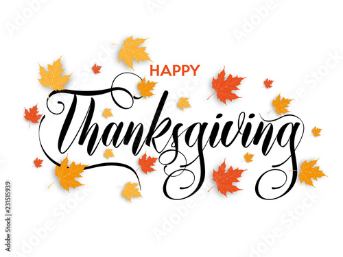 Happy Thanksgiving poster decorated with red and orange maple leaves. Vector illustration greeting card to the Thanksgiving day.