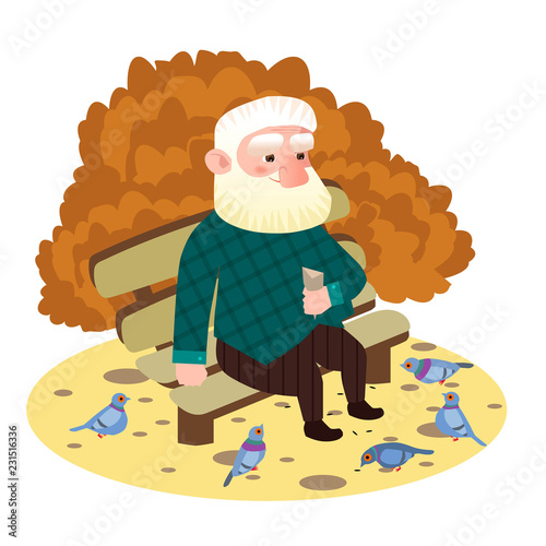 Grey-haired grandpa sitting on a bench and feeding pigeons