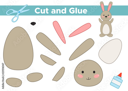 Education paper game for preschool kids. Create the applique cute rabbit. Cut and glue. Vector illustration.