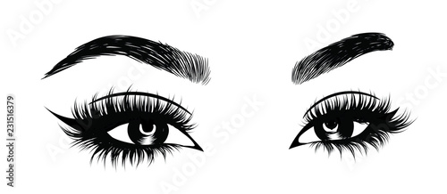Abstract fashion illustration of the eye with creative makeup. Hand drawn vector idea for business visit cards, templates, web, salon banners,brochures. Natural eyebrows and glam eyelashes