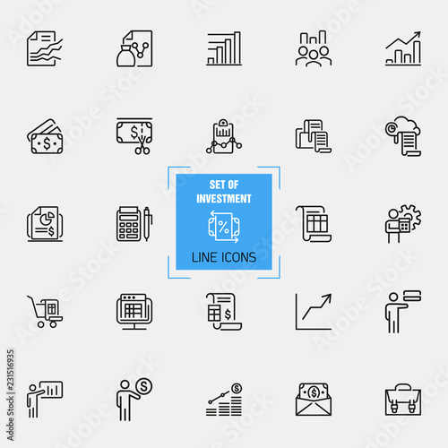 Investment icons. Set of  line icons. Report, accounting, insurance. Finance concept. Vector illustration can be used for topics like banking, money, saving.