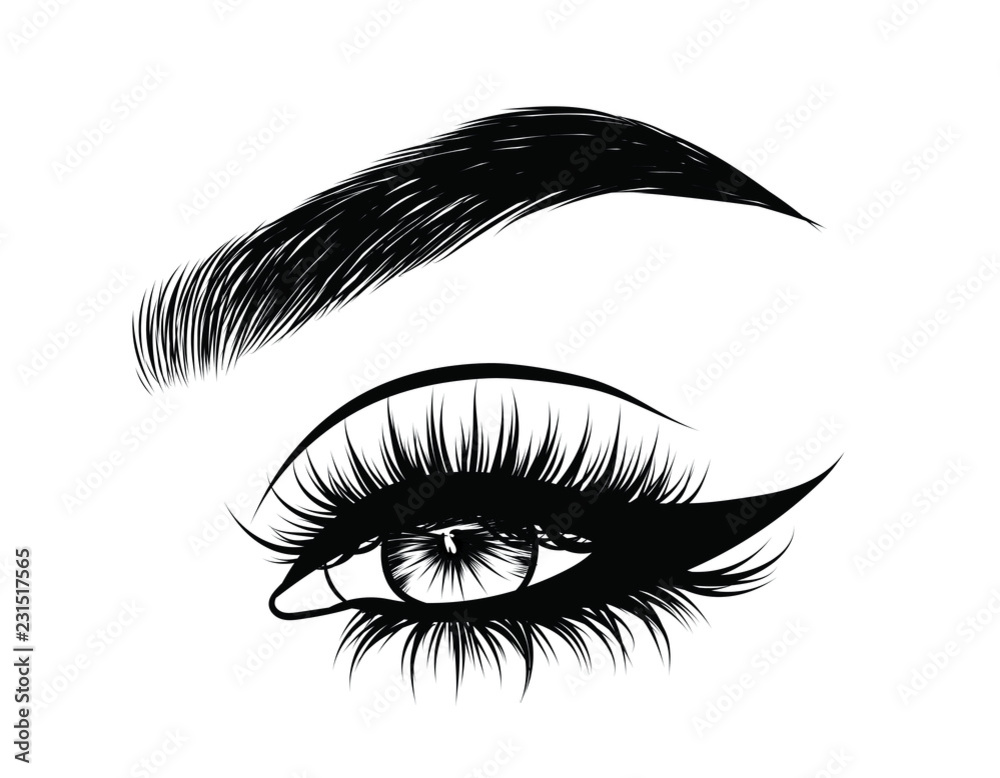 Abstract fashion illustration of the eye with creative makeup. Hand drawn vector idea for business visit cards, templates, web, salon banners,brochures. Natural eyebrows and glam eyelashes Abstract fashion illustration of the eye with creative makeup. Hand drawn vector idea for business visit cards, templates, web, salon banners,brochures. Natural eyebrows and glam eyelashes