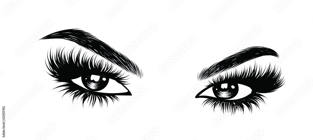 Abstract fashion illustration of the eye with creative makeup. Hand drawn vector idea for business visit cards, templates, web, salon banners,brochures. Natural eyebrows and glam eyelashes