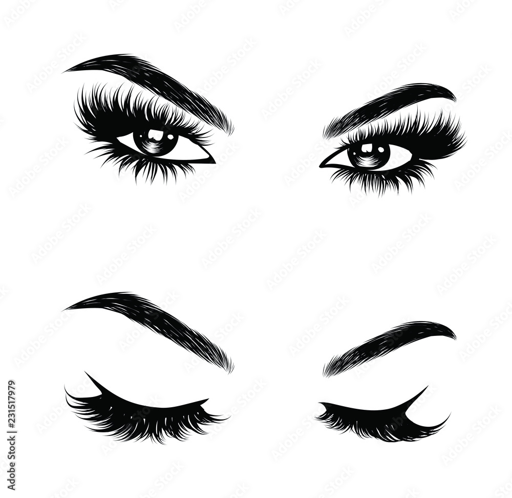 Fototapeta premium Abstract fashion illustration of the eye with creative makeup. Hand drawn vector idea for business visit cards, templates, web, salon banners,brochures. Natural eyebrows and glam eyelashes