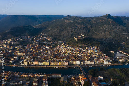 Aerial view of the beautiful village of Bosa with coloured houses. Bosa is located in the north-west of Sardinia, Italy.