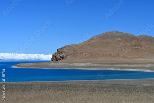 Tibet, lake Nam-Tso (Nam Tso) and Nyechen Tangla mountain in sunny day photo