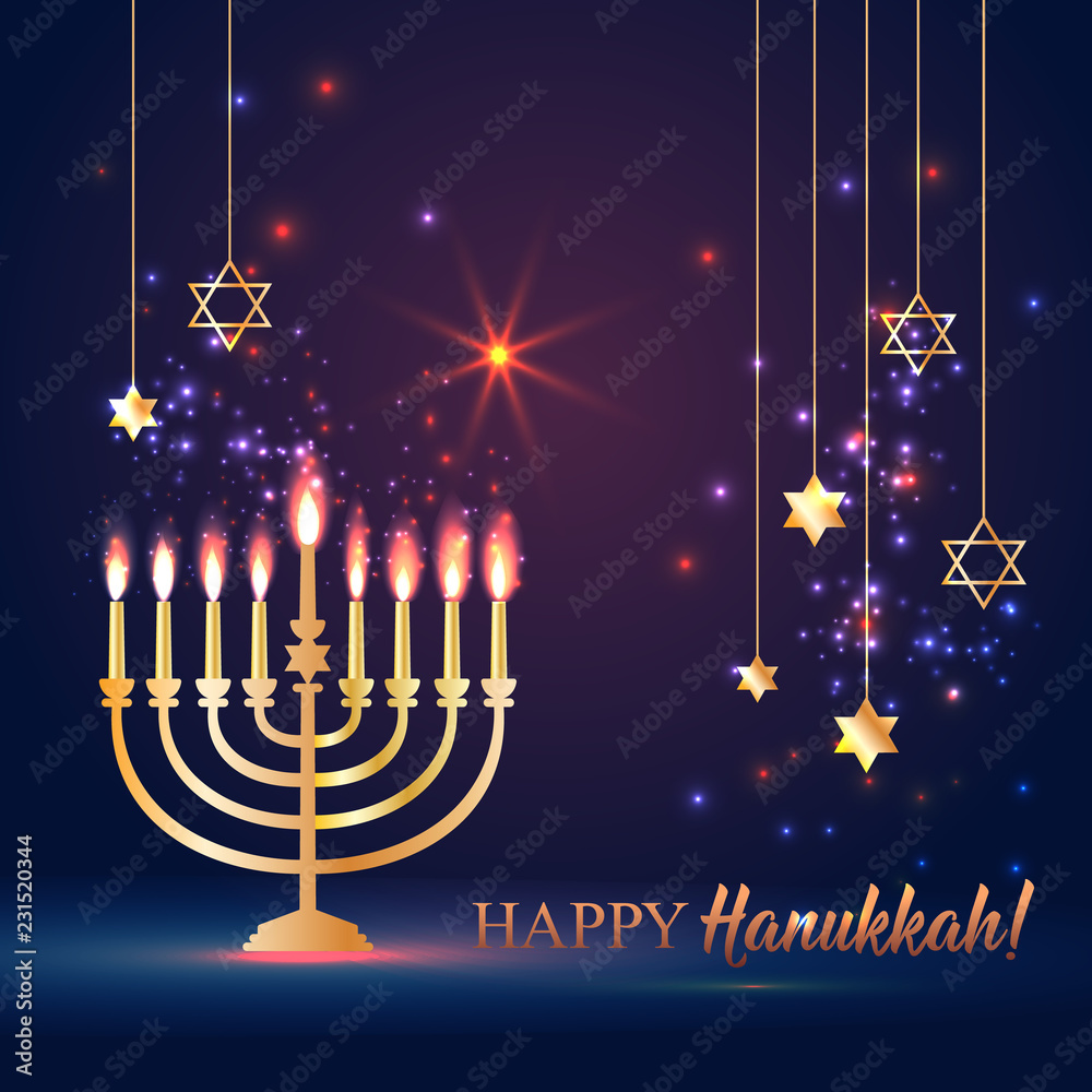 Happy Hanukkah Shining Background with Menorah, David Star and Bokeh Effect. illustration on dark. Happy Hanukkah Shining Background with Menorah, David Star and Bokeh Effect. illustration on dark.