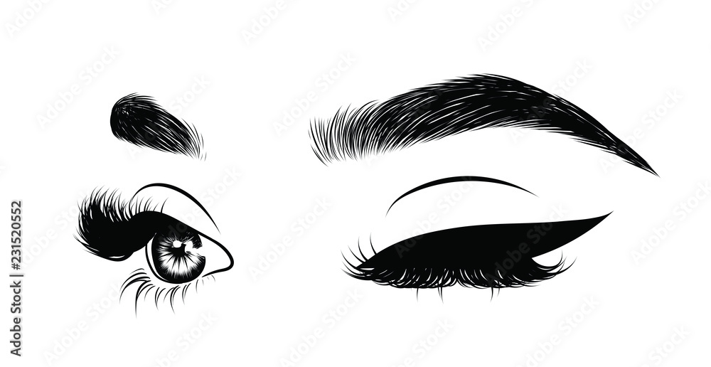 Abstract fashion illustration of the eye with creative makeup. Hand drawn vector idea for business visit cards, templates, web, salon banners,brochures. Natural eyebrows and glam eyelashes Abstract fashion illustration of the eye with creative makeup. Hand drawn vector idea for business visit cards, templates, web, salon banners,brochures. Natural eyebrows and glam eyelashes