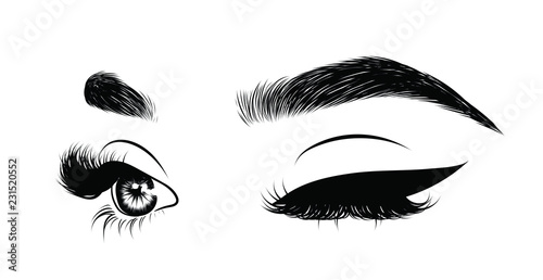 Abstract fashion illustration of the eye with creative makeup. Hand drawn vector idea for business visit cards, templates, web, salon banners,brochures. Natural eyebrows and glam eyelashes