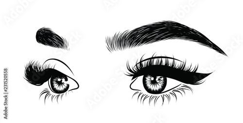 Abstract fashion illustration of the eye with creative makeup. Hand drawn vector idea for business visit cards, templates, web, salon banners,brochures. Natural eyebrows and glam eyelashes