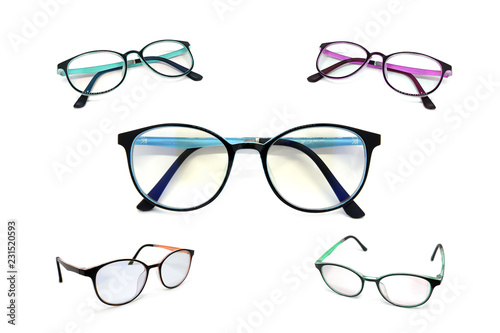 Colorful plastic eyeglasses many views isolated on white background.